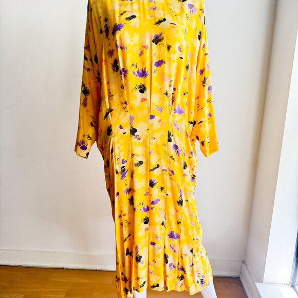 Vintage 90s Nicole Miller Yellow Abstract Print Midi Dress 4 - Picture 2 of 7